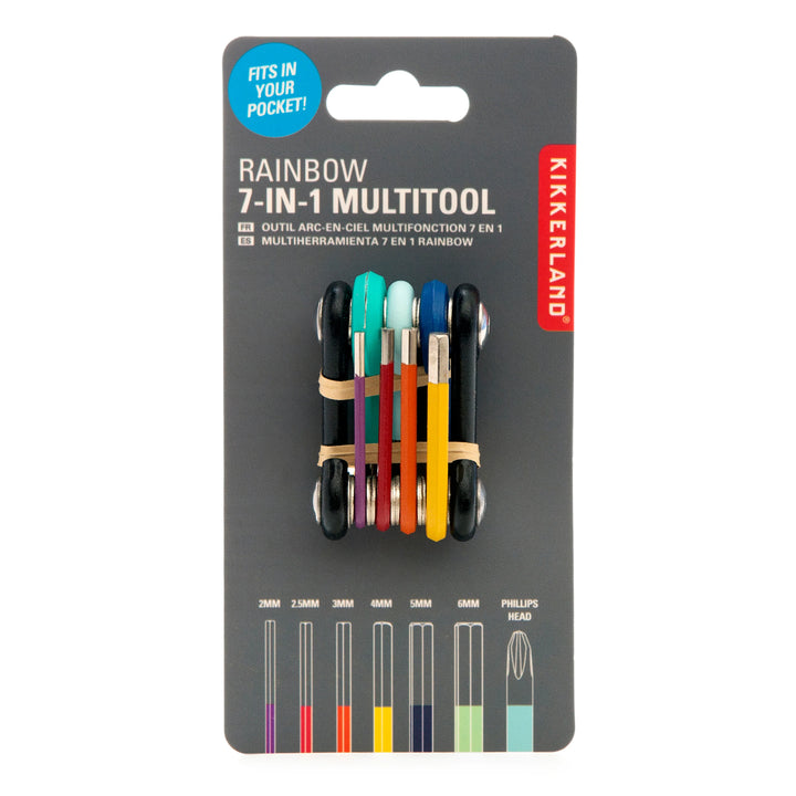 Rainbow 7-in-1 multi-tool by Kikkerland featuring colorful, compact design with multiple functions for versatile use.
