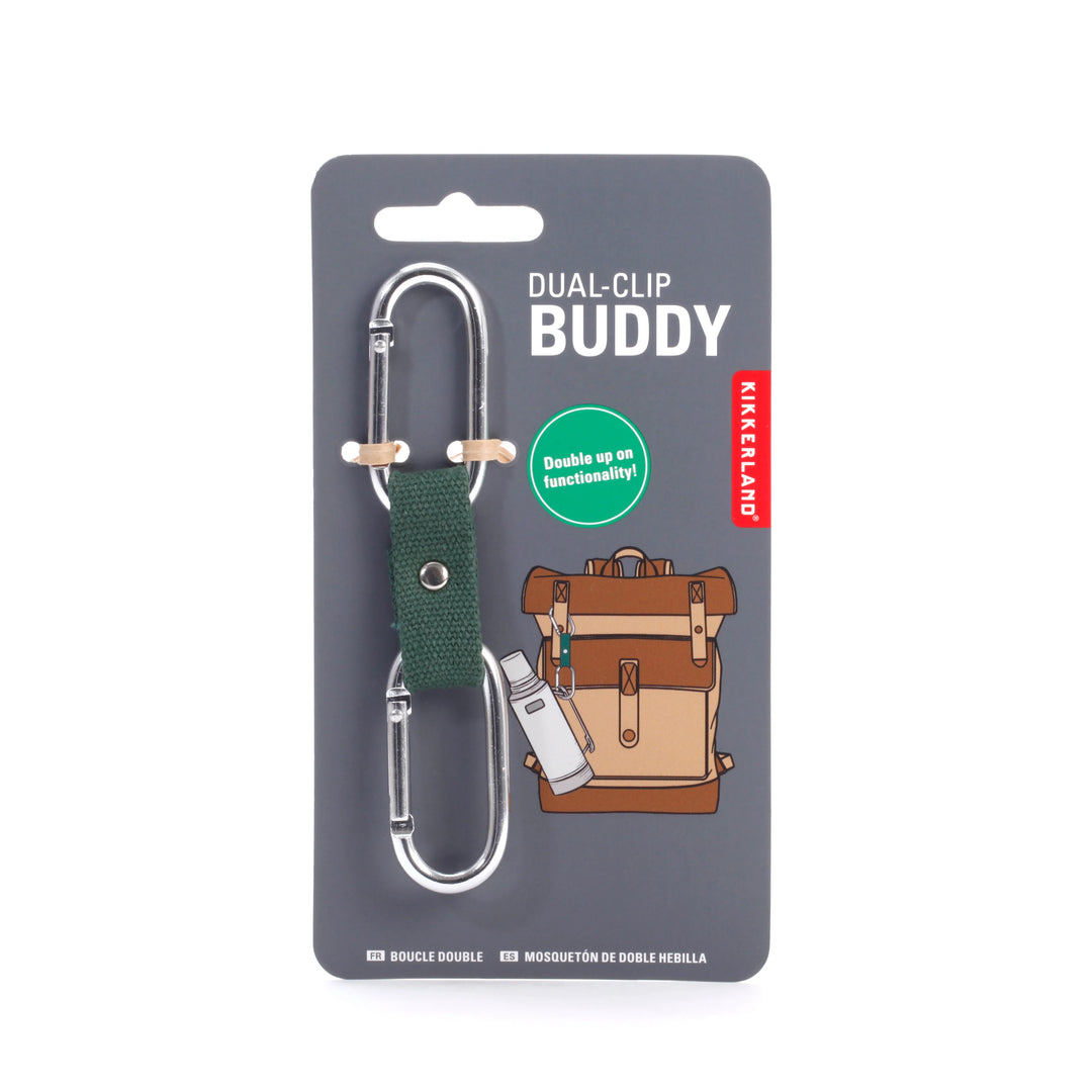 Kikkerland Dual-Clip Buddy by Cornucopia Home and Gift, featuring two colorful clips attached to a compact plastic base.