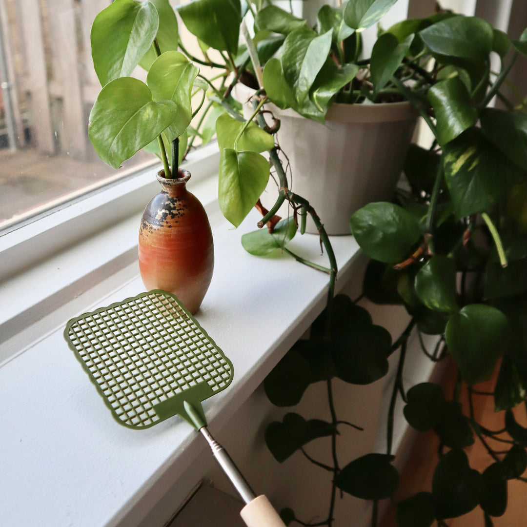 Kikkerland telescopic fly swatter with extendable handle, black plastic body, designed for catching insects easily.
