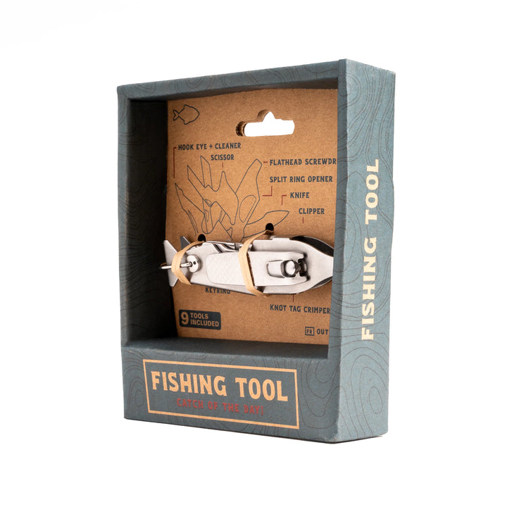 Kikkerland fishing multi-tool with pliers, knife, and bottle opener, compact and versatile for outdoor fishing adventures.