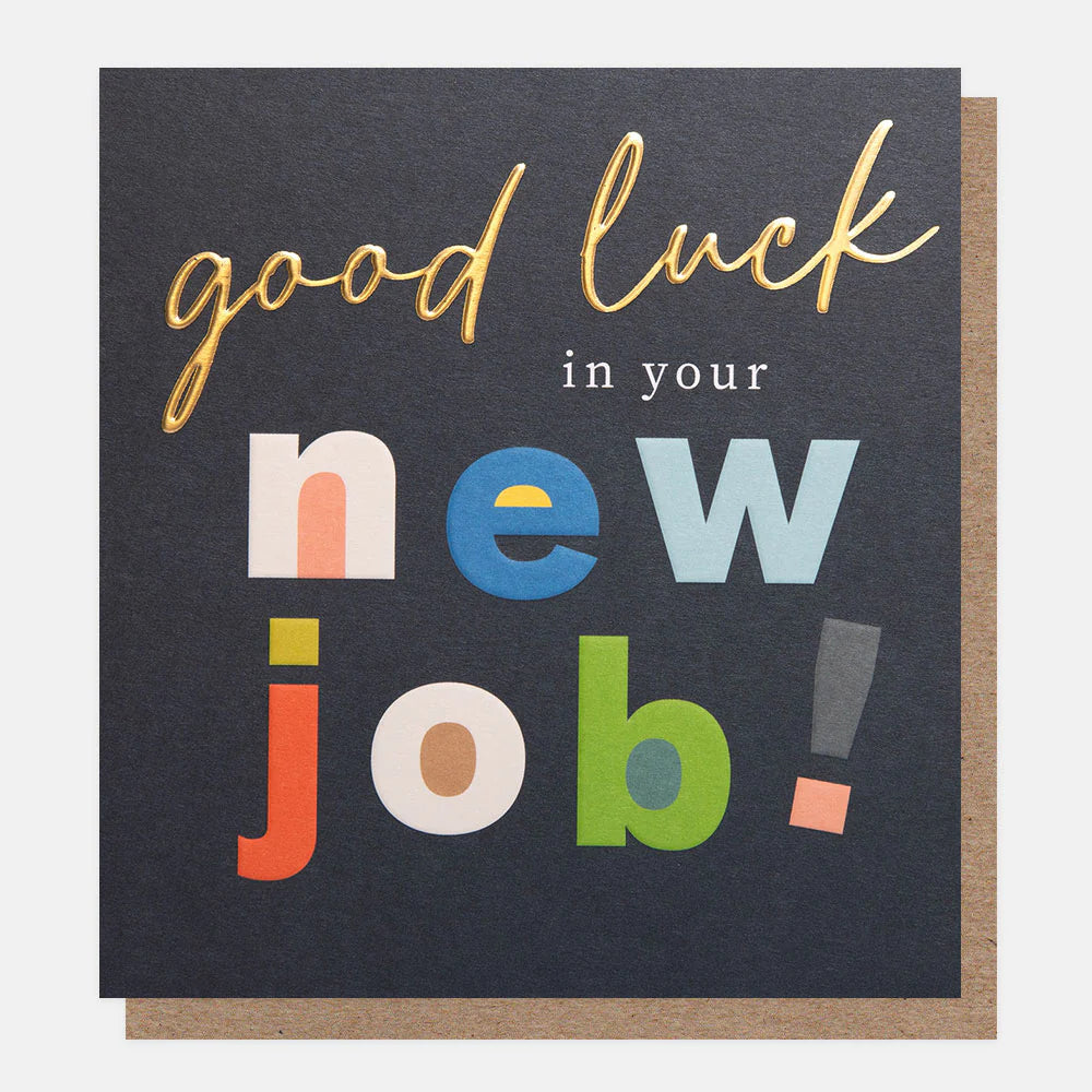 Caroline Gardner "Good Luck In Your New Job!" greeting card with colorful floral design featuring cheerful message.