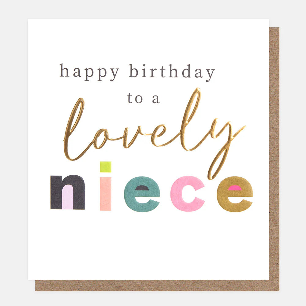 Caroline Gardner bold text birthday card for niece featuring colorful design and cheerful message, perfect for celebrating birthdays.