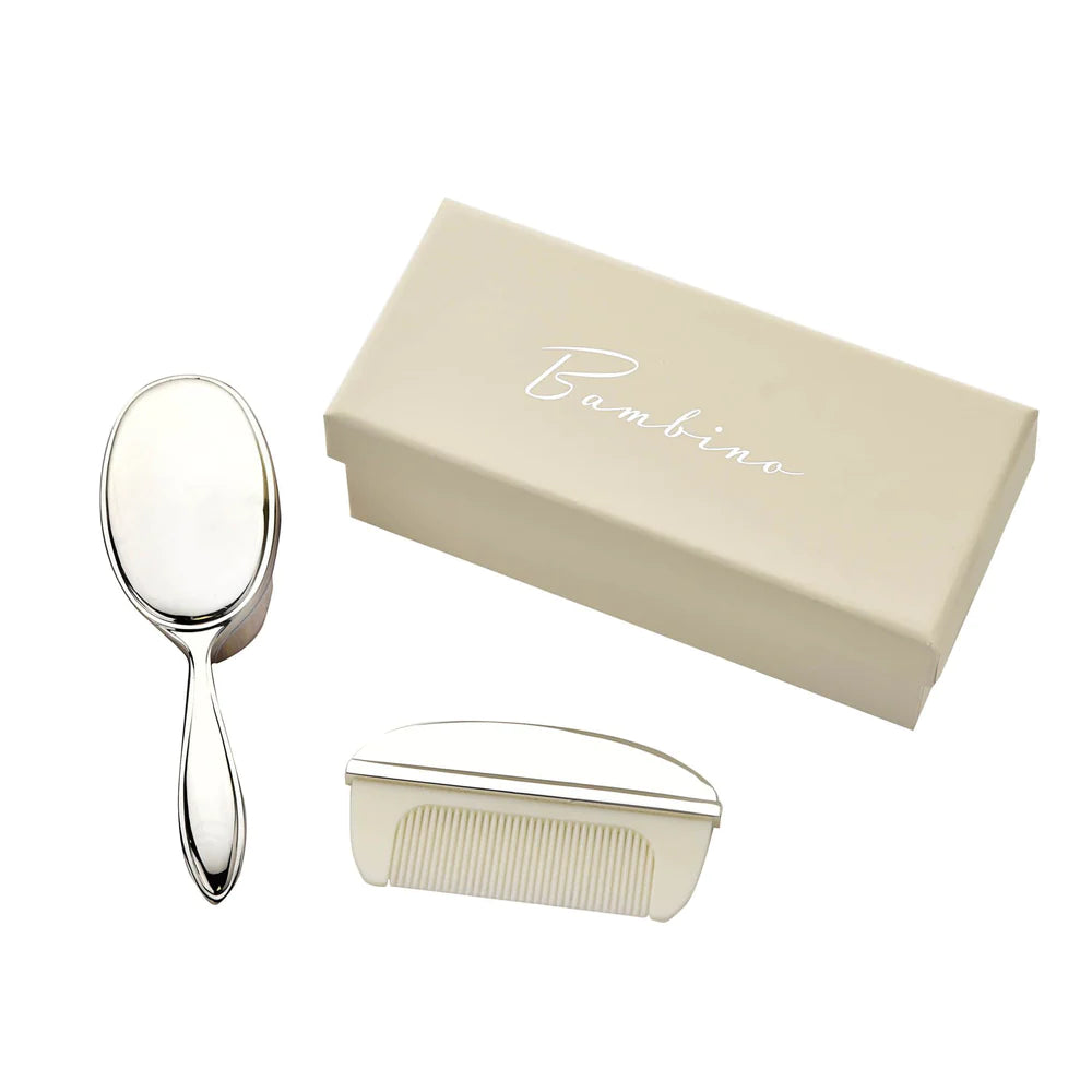 Silver plated Bambino brush and comb set by Widdop &amp; Co, featuring a polished finish and compact design for delicate hair care.