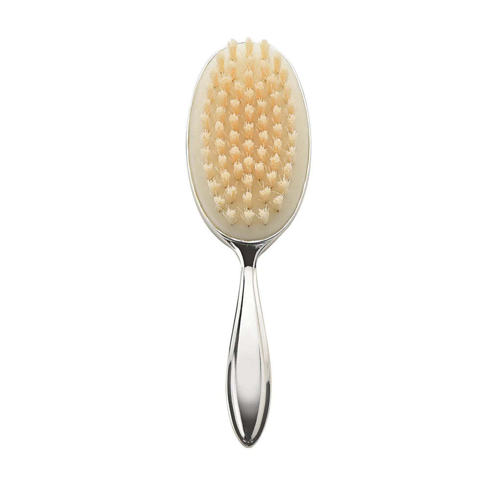 Silver plated Bambino brush and comb set by Cornucopia Home and Gift, Widdop &amp; Co, with polished finish and compact design.