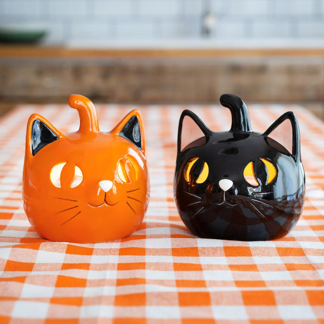 Decorative Halloween ceramic cat figurine by Cornucopia Home and Gift, 15cm tall, with detailed features and festive design.