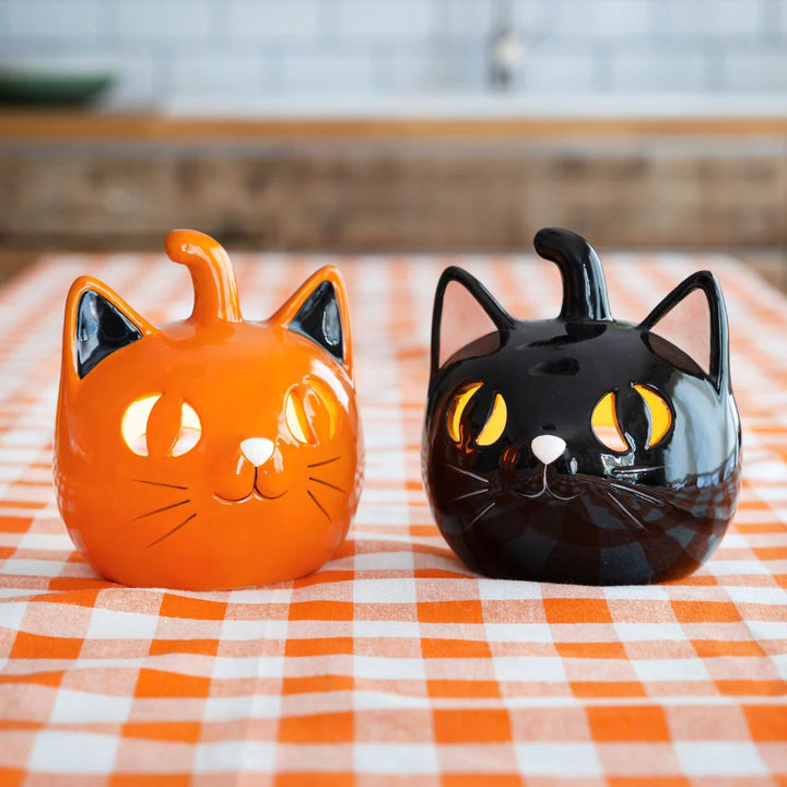 Decorative Halloween ceramic cat figurine by Cornucopia Home and Gift, 15cm tall, with detailed features and festive design.