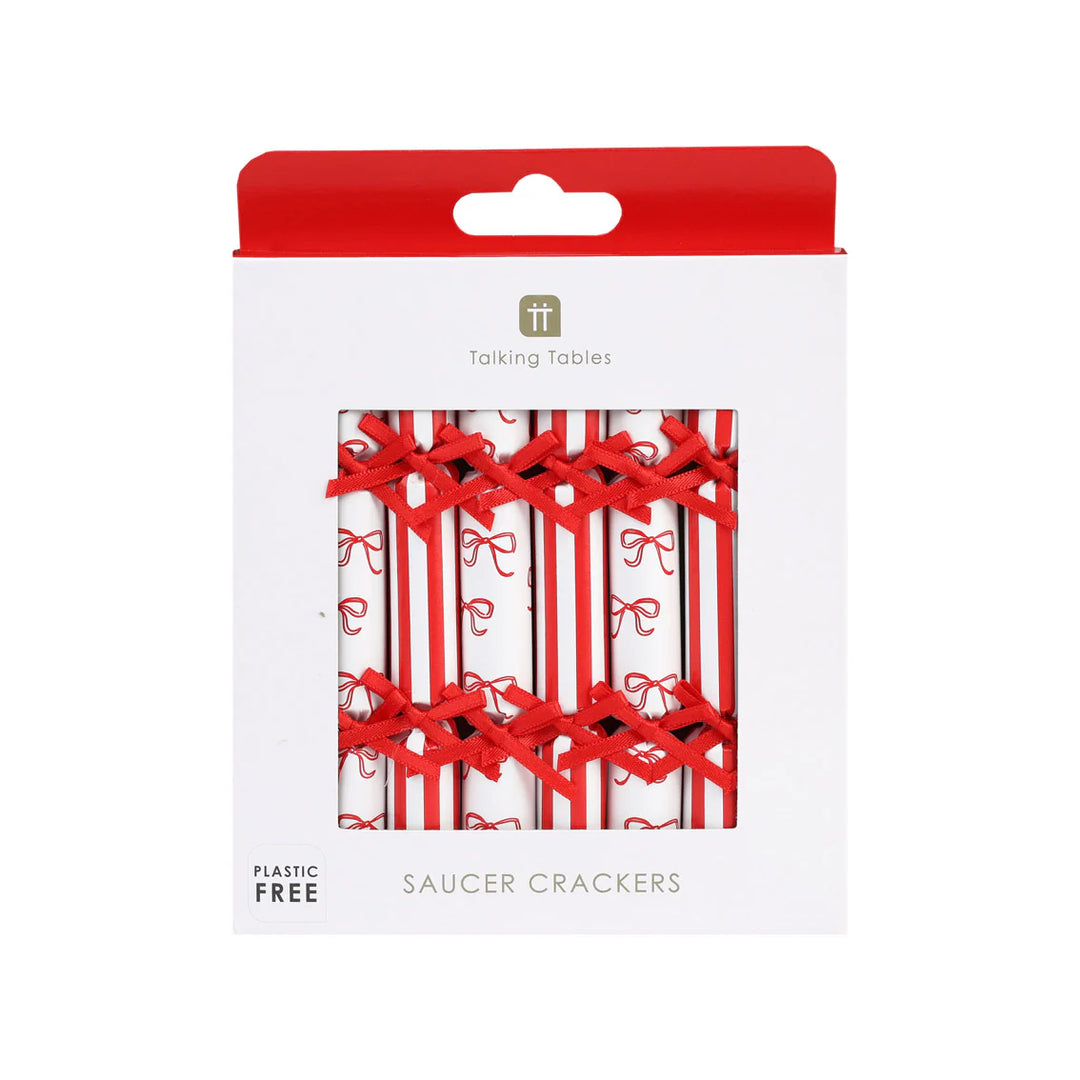 Bow Saucer Crackers by Cornucopia Home and Gift, 8-pack of colorful, festive crackers with bows and saucer design for celebrations.