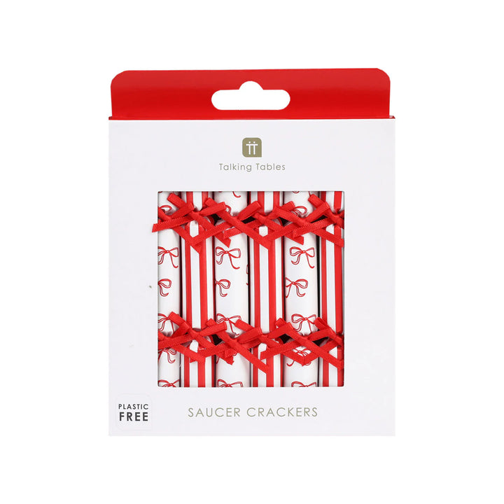 Bow Saucer Crackers by Cornucopia Home and Gift, 8-pack of colorful, festive crackers with bows and saucer design for celebrations.
