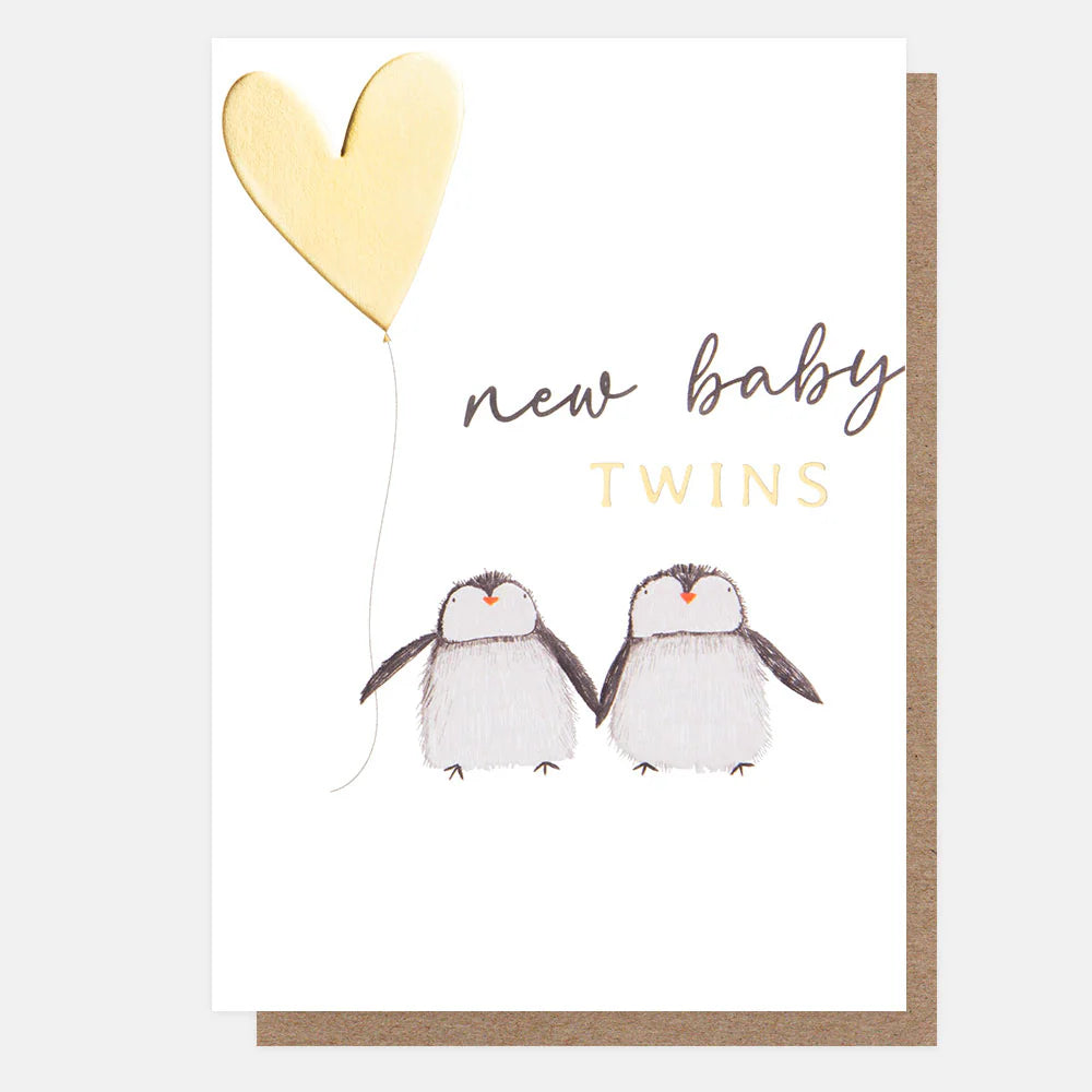 Cute New Baby Twins Penguins card by Caroline Gardner featuring adorable penguin illustrations for celebrating twins.