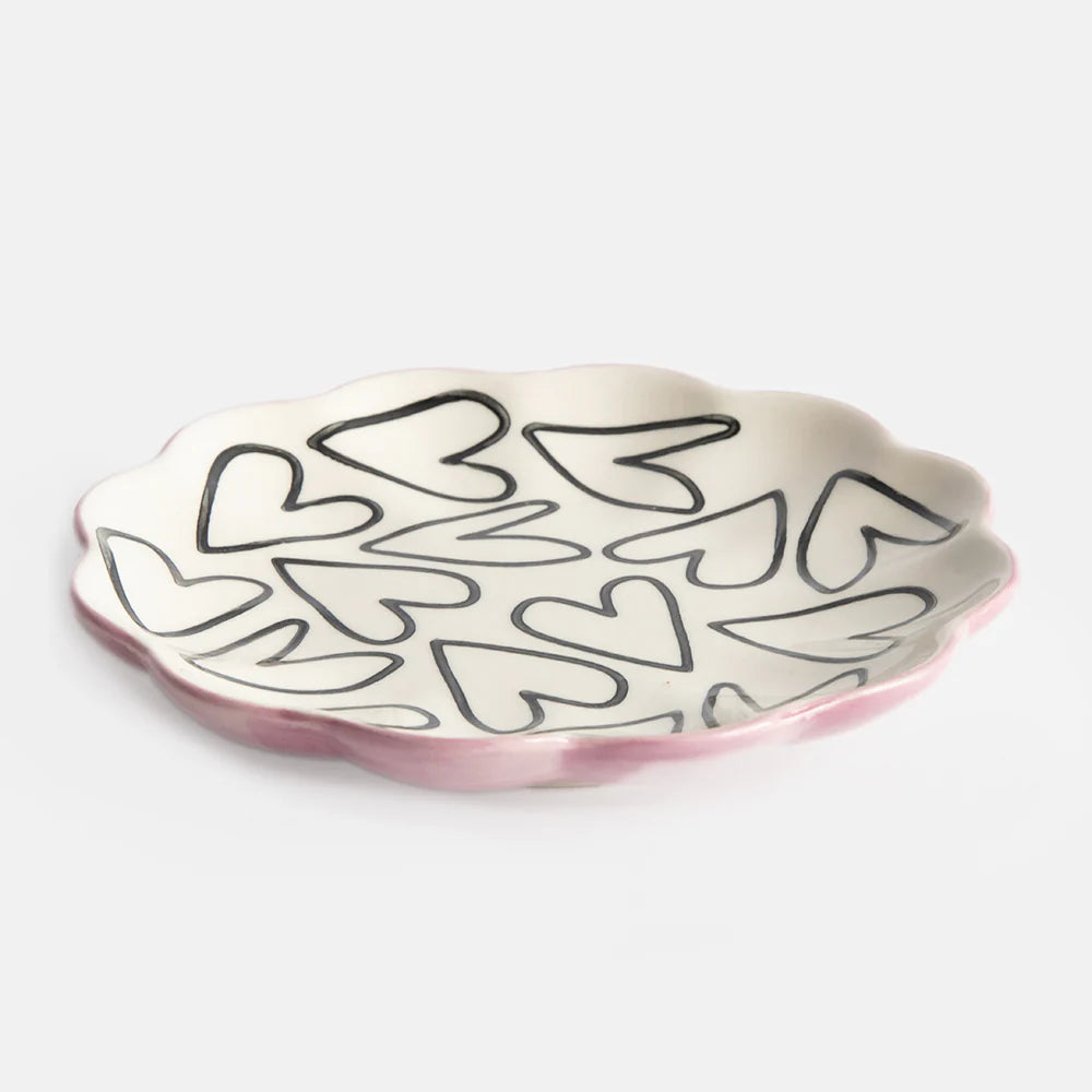 Caroline Gardner Outline Hearts scallop trinket tray with pink and white heart design, perfect for jewelry or small accessories.