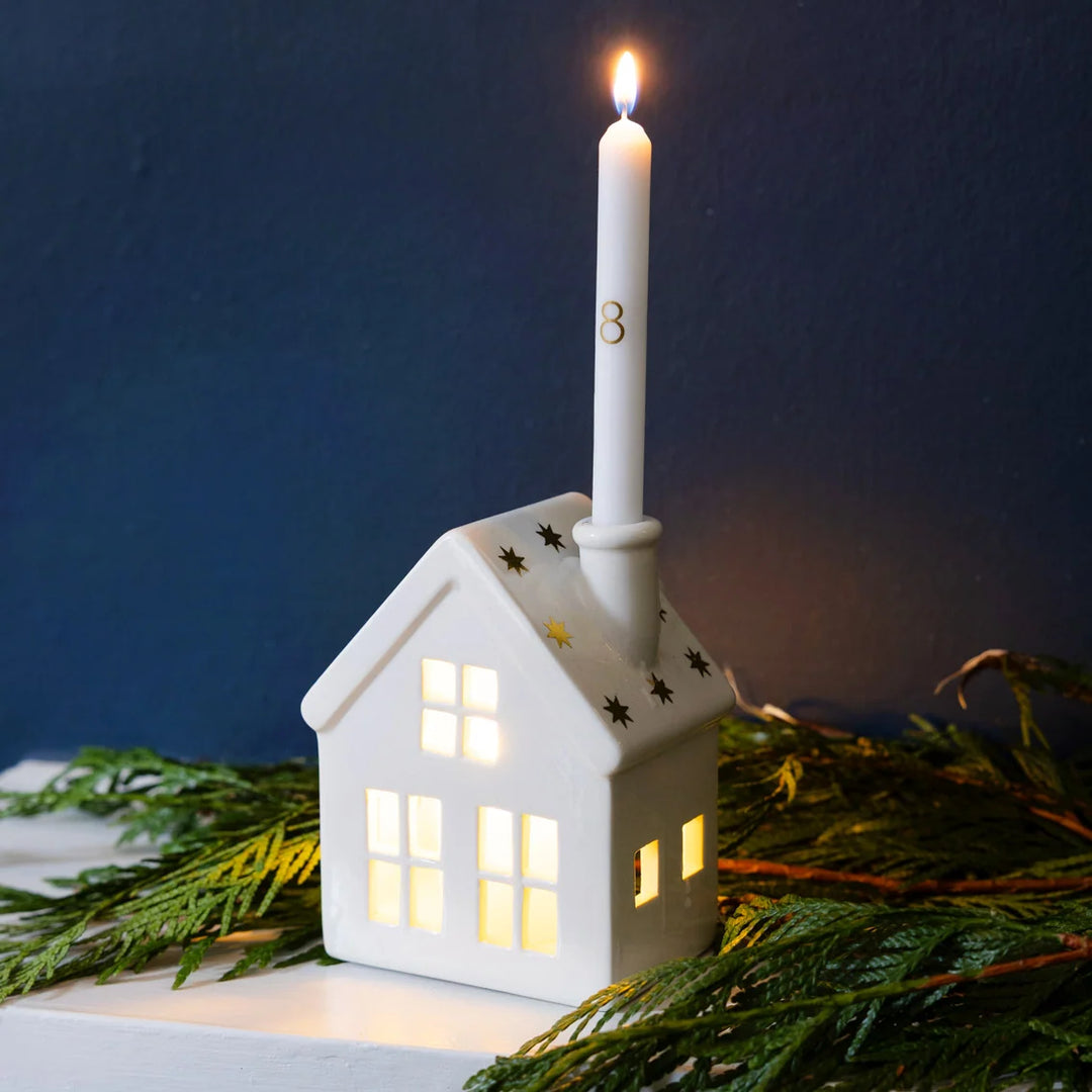Ceramic Advent Candle House Set with 24 Candles