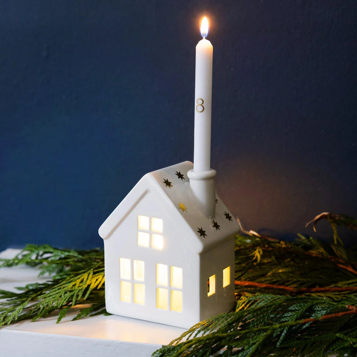 Ceramic Advent Candle House Set with 24 Candles