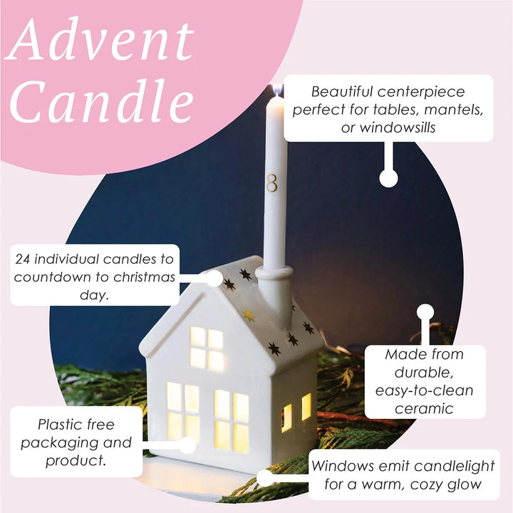 Ceramic Advent Candle House Set with 24 Candles