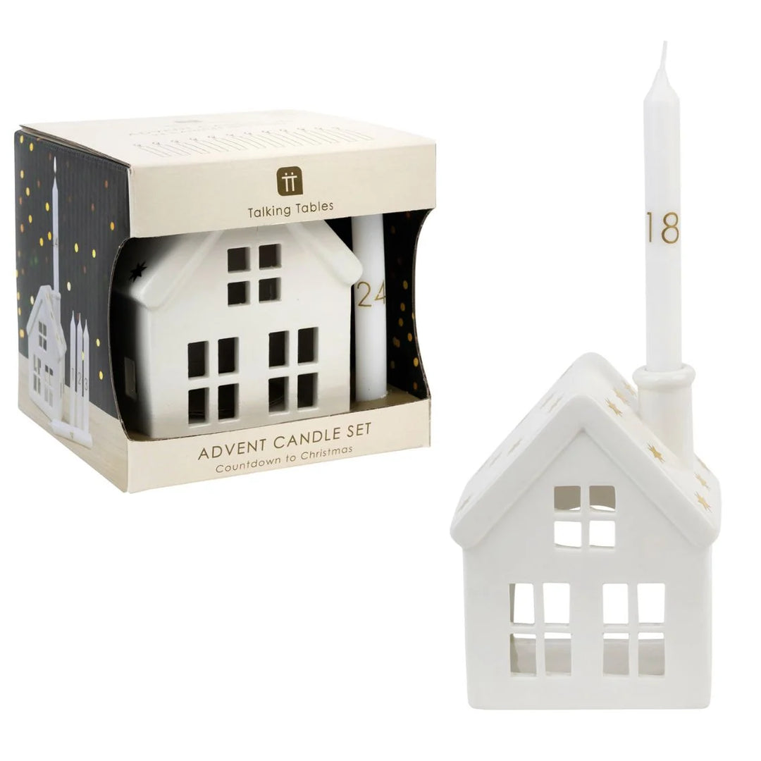 Ceramic Advent Candle House Set with 24 Candles
