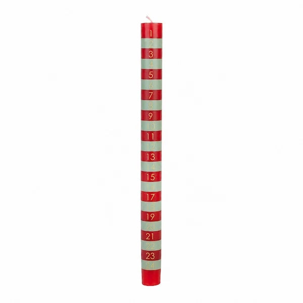 Red and Sage Green Striped Advent Dinner Candle - 28 cm