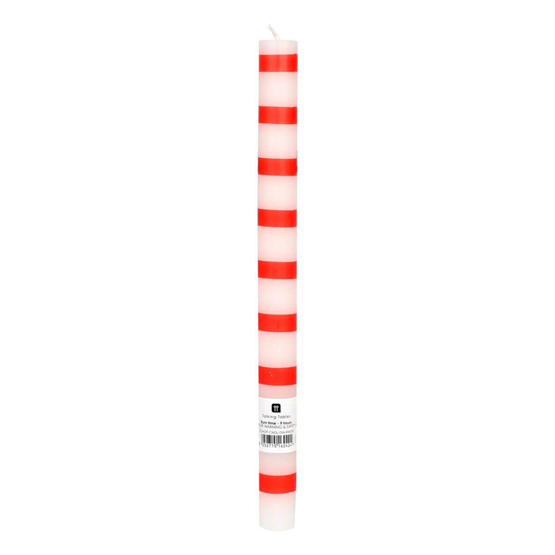 Red and white striped dinner candle from Talking Tables Christmas collection by Cornucopia Home and Gift, perfect for holiday table settings.