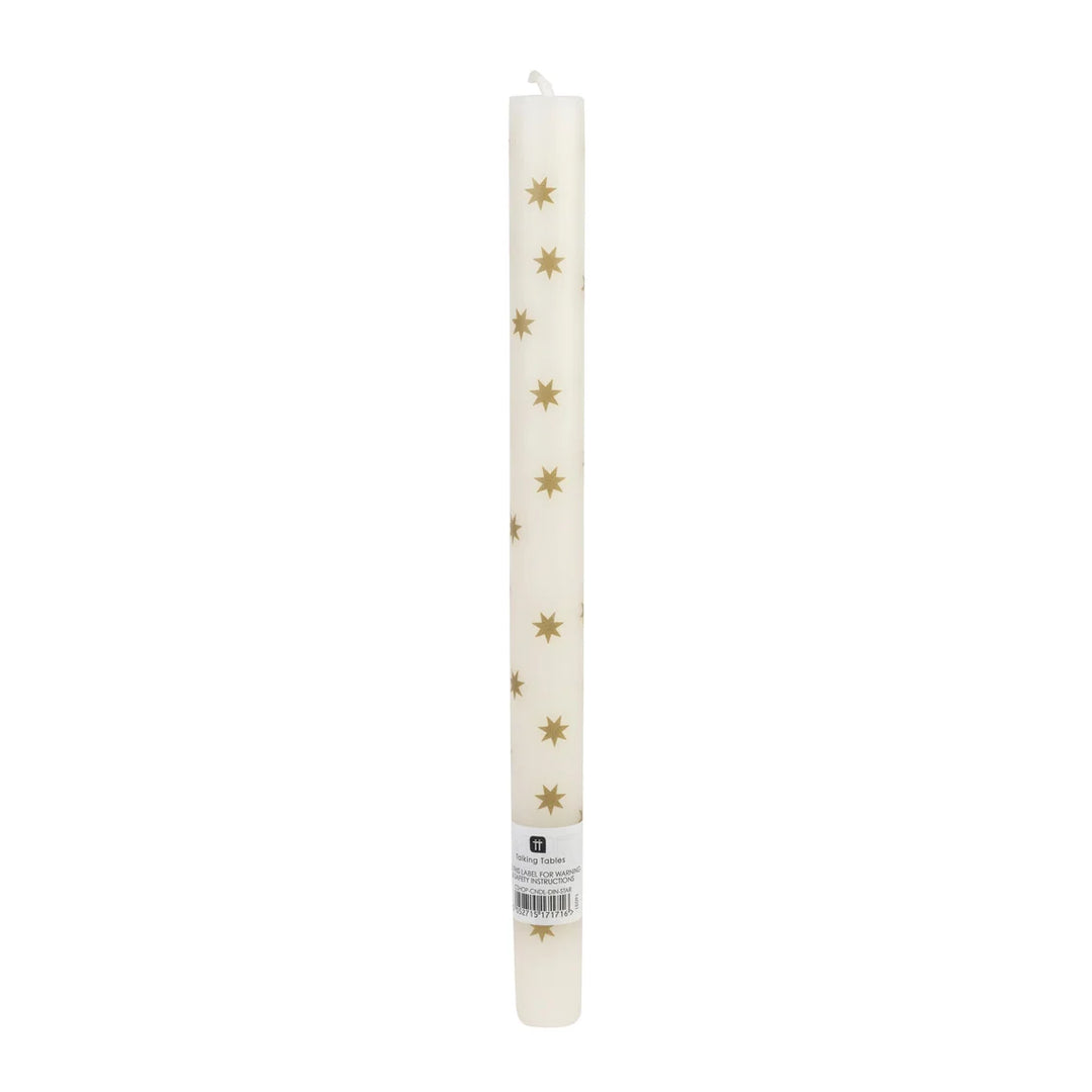 White Dinner Candle with Gold Stars - 28cm