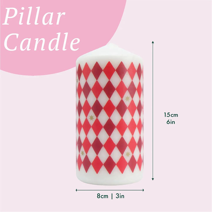 Red &amp; White Harlequin Pillar Candle - 15cm