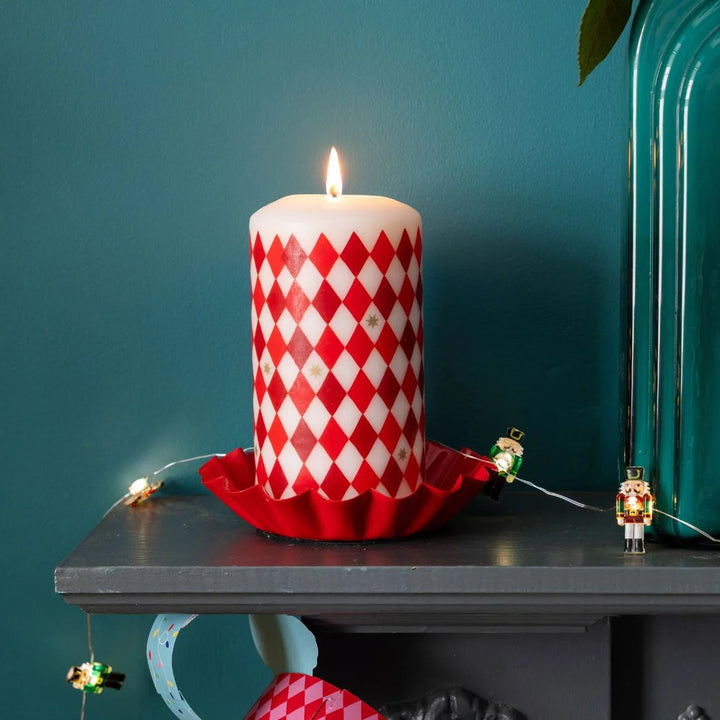 Red &amp; White Harlequin Pillar Candle - 15cm
