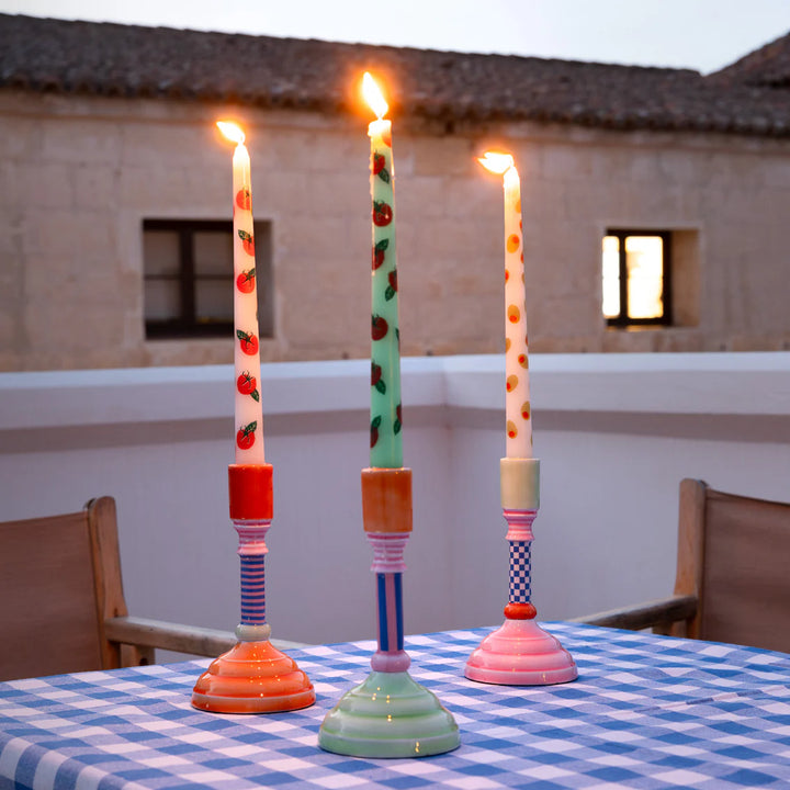 Enamel candle holder by Cornucopia Home and Gift, 18cm tall, with a colorful, glossy finish and decorative design.