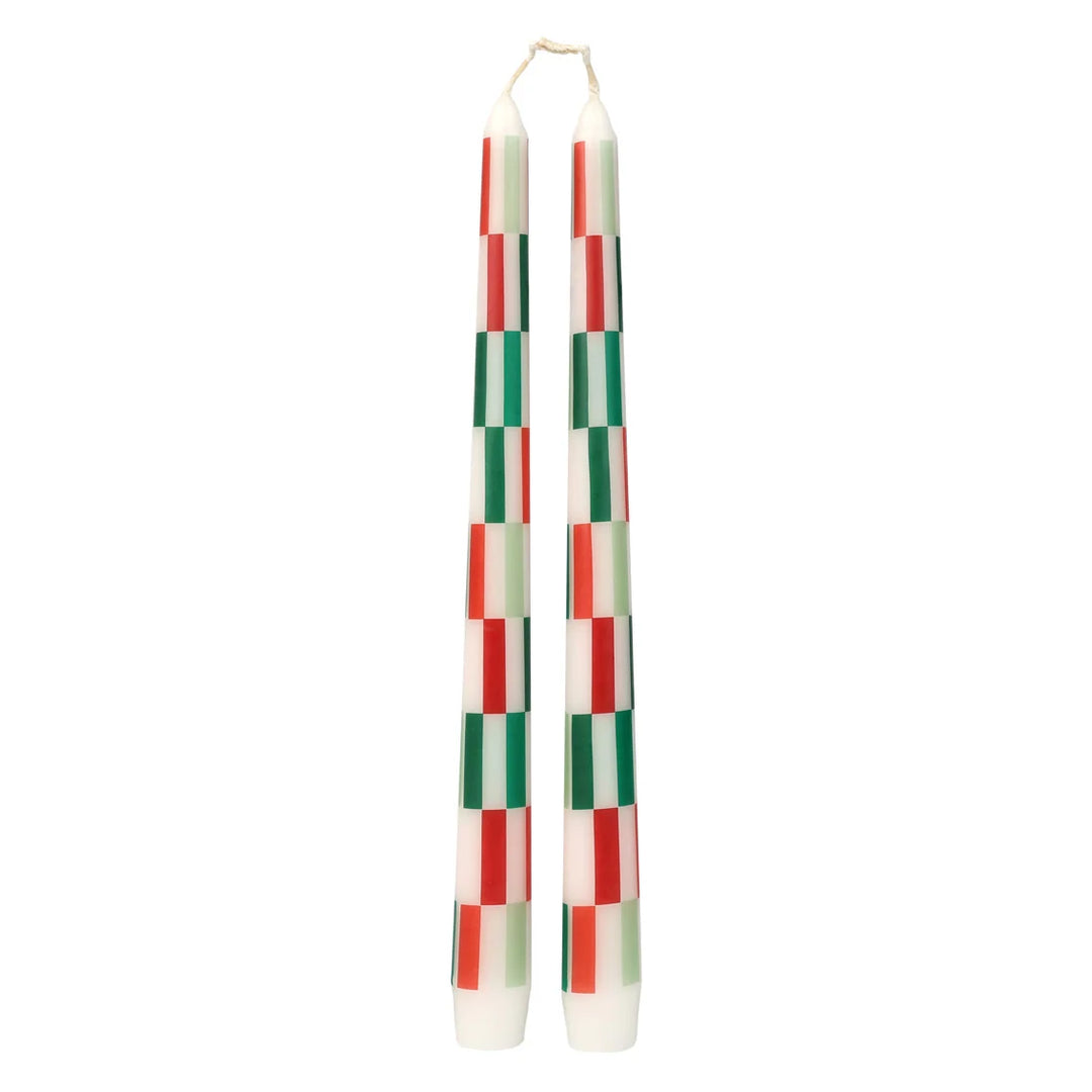 Red &amp; Green Check Dinner Candles - Pack of 2