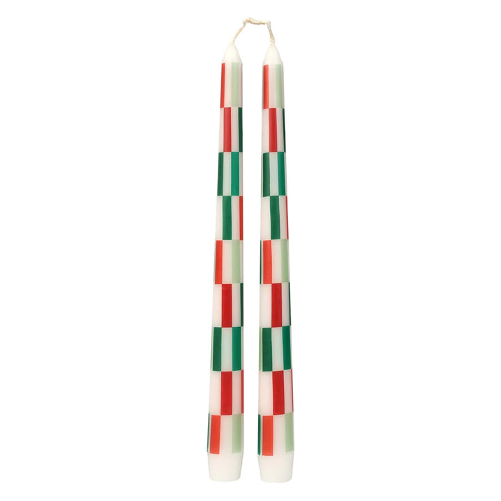 Red &amp; Green Check Dinner Candles - Pack of 2