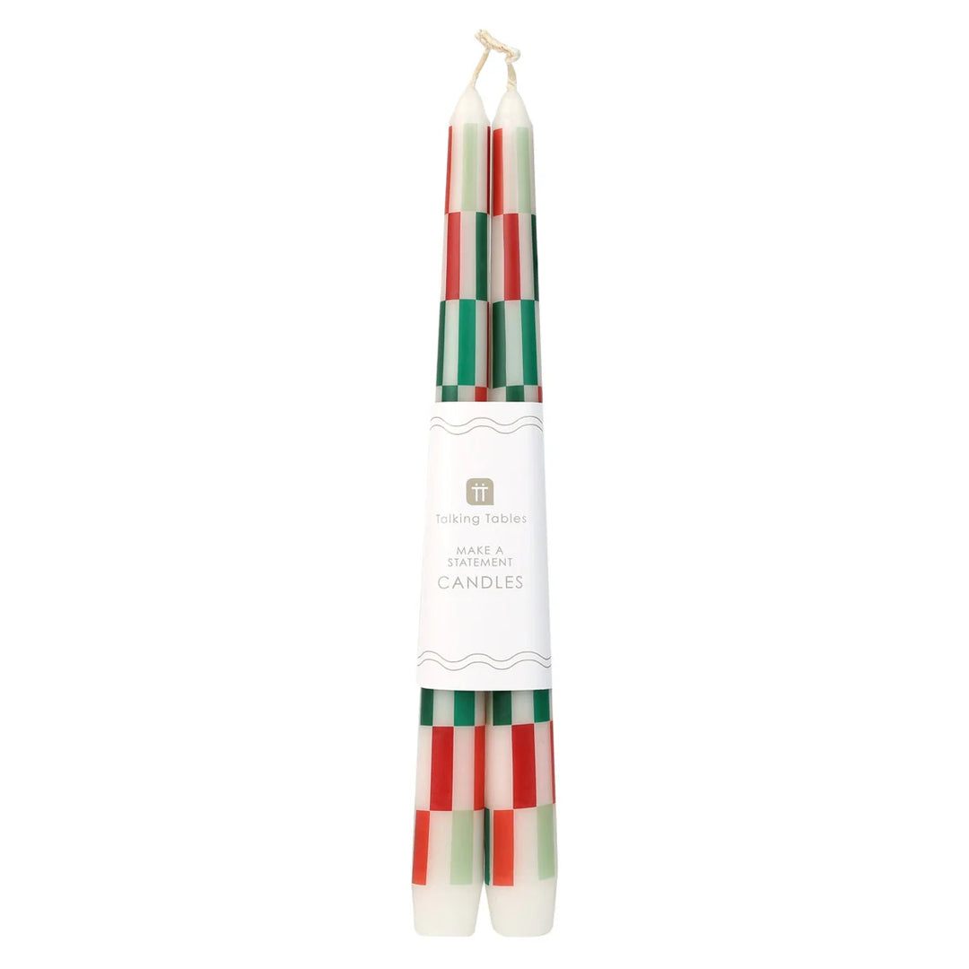 Red &amp; Green Check Dinner Candles - Pack of 2