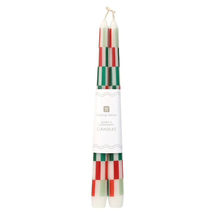 Red &amp; Green Check Dinner Candles - Pack of 2