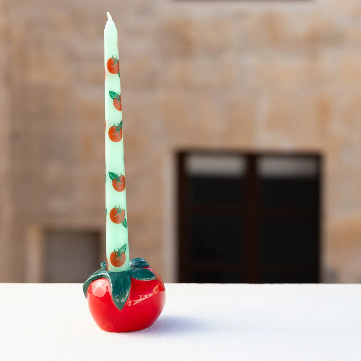 Tomato-shaped ceramic candle holder from Bon Appetit collection by Cornucopia Home and Gift, decorative kitchen or dining room accessory