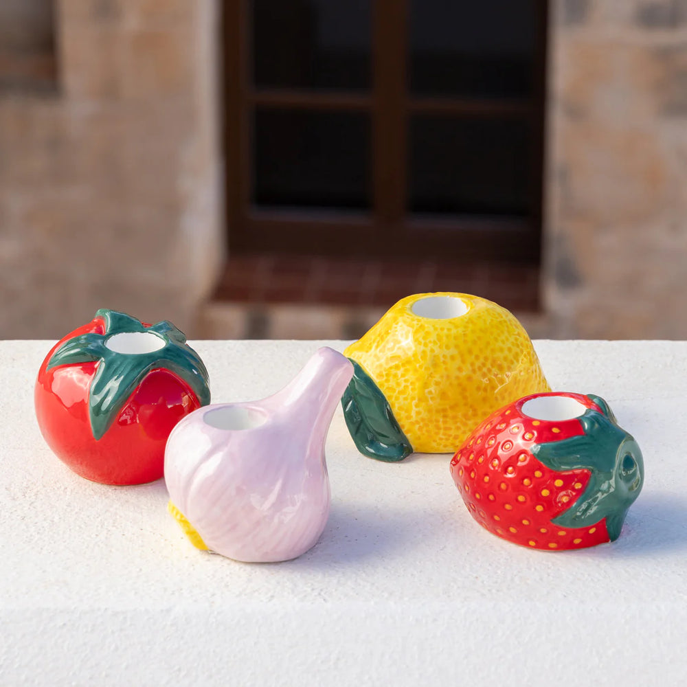 Red Strawberry Ceramic Candle Holder by Cornucopia Home and Gift, featuring a detailed ceramic design with a glossy finish.