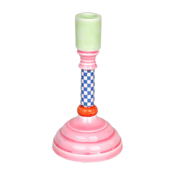 Metal enamel candle holder from Cornucopia Home and Gift, 18cm tall with a sleek, modern design for decorative candle display.