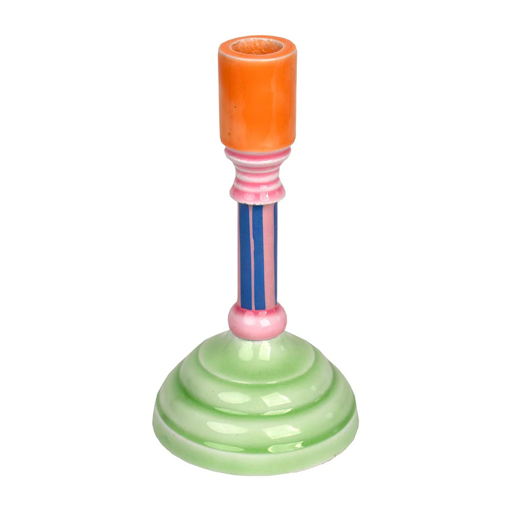 Enamel candle holder by Cornucopia Home and Gift, 18cm tall, with a metallic striped design, perfect for decorative candles.
