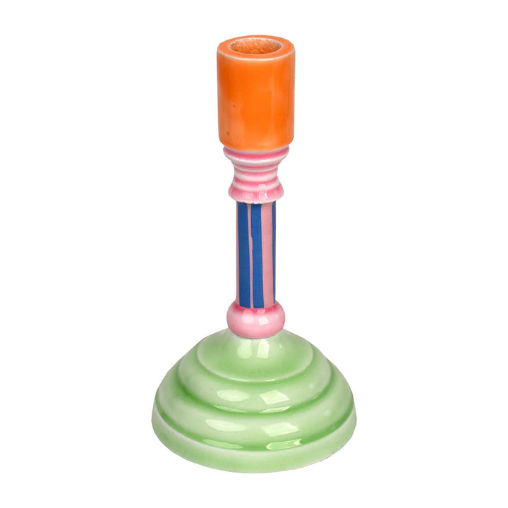 Enamel candle holder by Cornucopia Home and Gift, 18cm tall, with a metallic striped design, perfect for decorative candles.