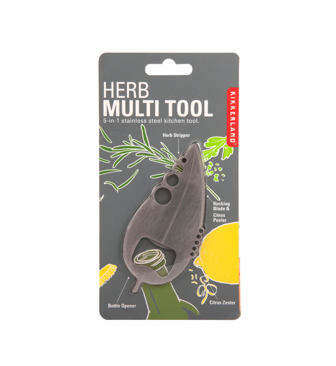 Kikkerland Herb Multi Tool from Cornucopia Home and Gift, featuring multiple functions for herb preparation and kitchen tasks.