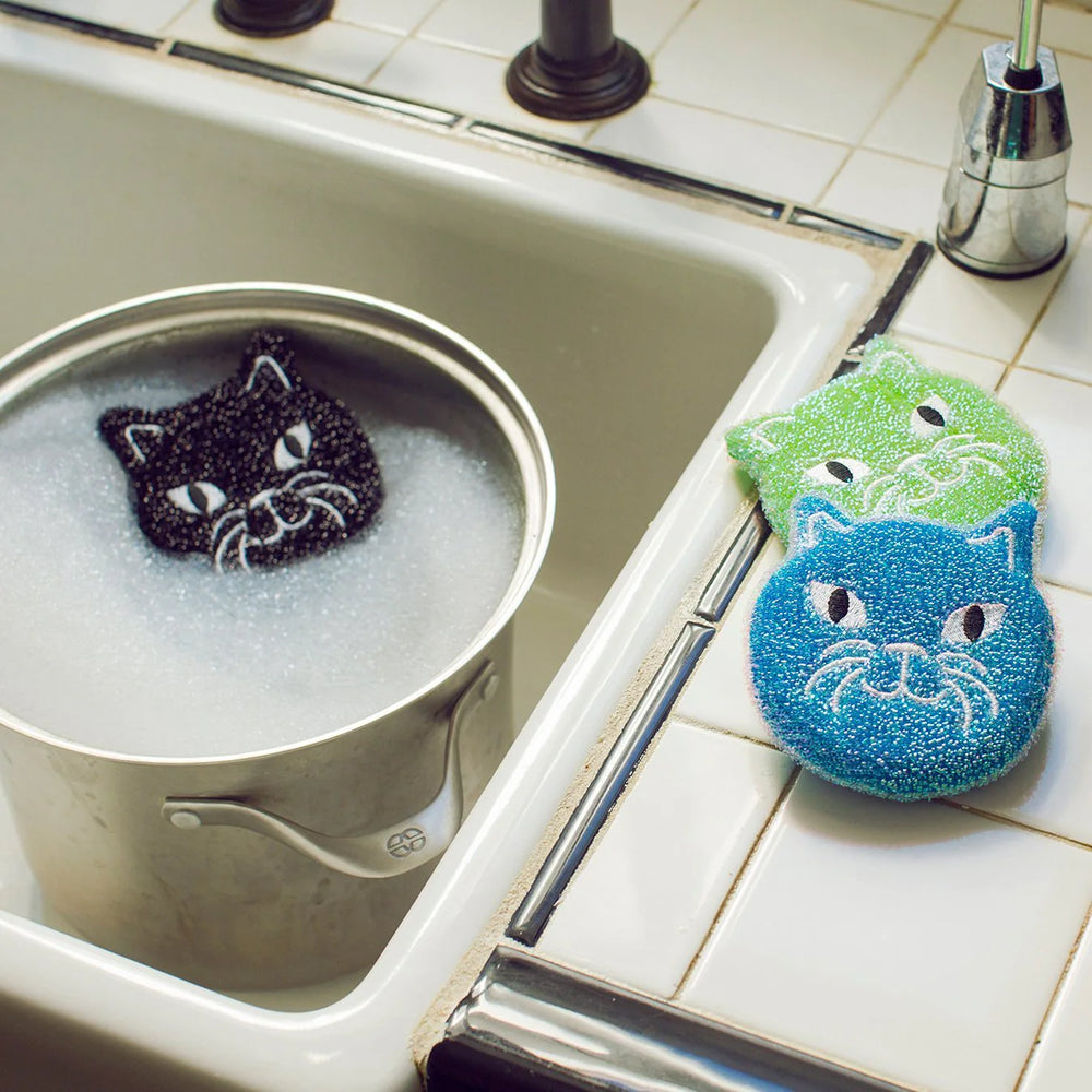 Set of three cat-shaped sponges by Kikkerland, featuring colorful, playful designs for kitchen cleaning.