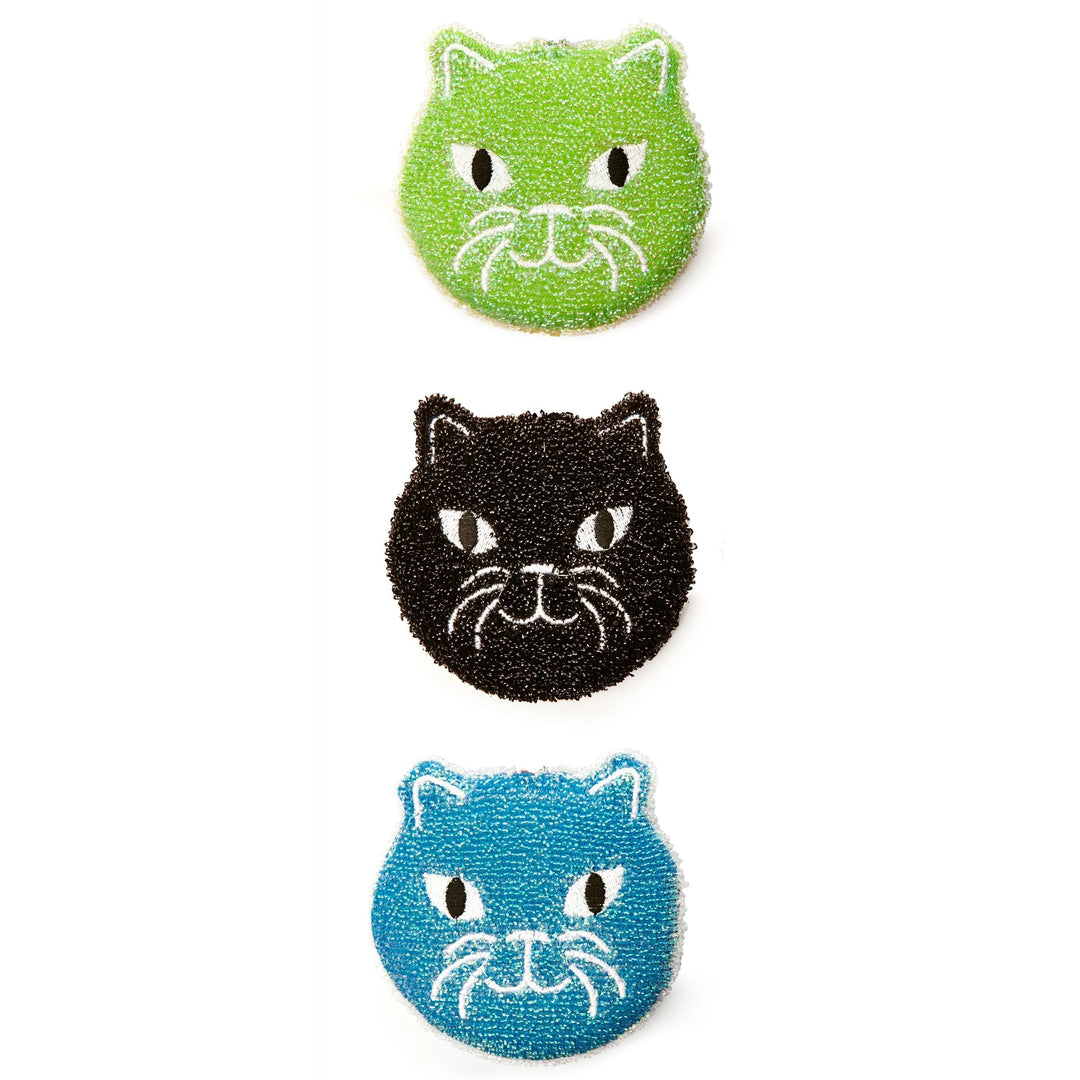 Set of three Kikkerland cat-shaped sponges for cleaning, featuring colorful and playful designs from Cornucopia Home and Gift.