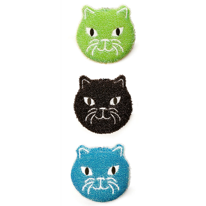 Set of three Kikkerland cat-shaped sponges for cleaning, featuring colorful and playful designs from Cornucopia Home and Gift.