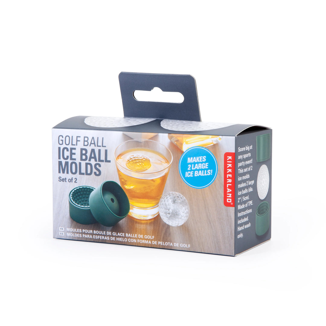 Kikkerland golf ball ice mold from Cornucopia Home and Gift, showing the silicone mold with golf ball-shaped ice spheres.