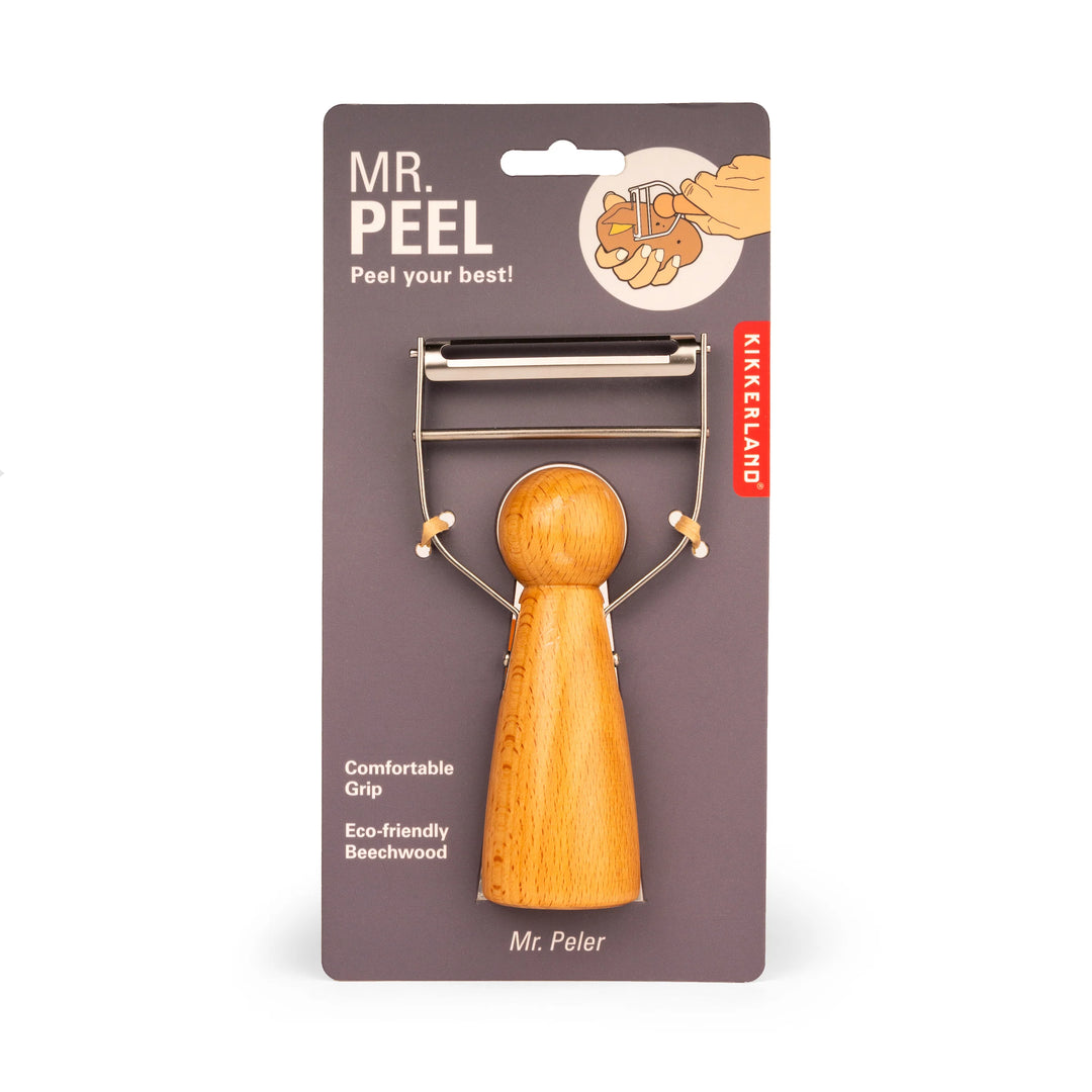 Kikkerland Ms Peel potato peeler in packaging, durable stainless steel blade and ergonomic handle for easy peeling.