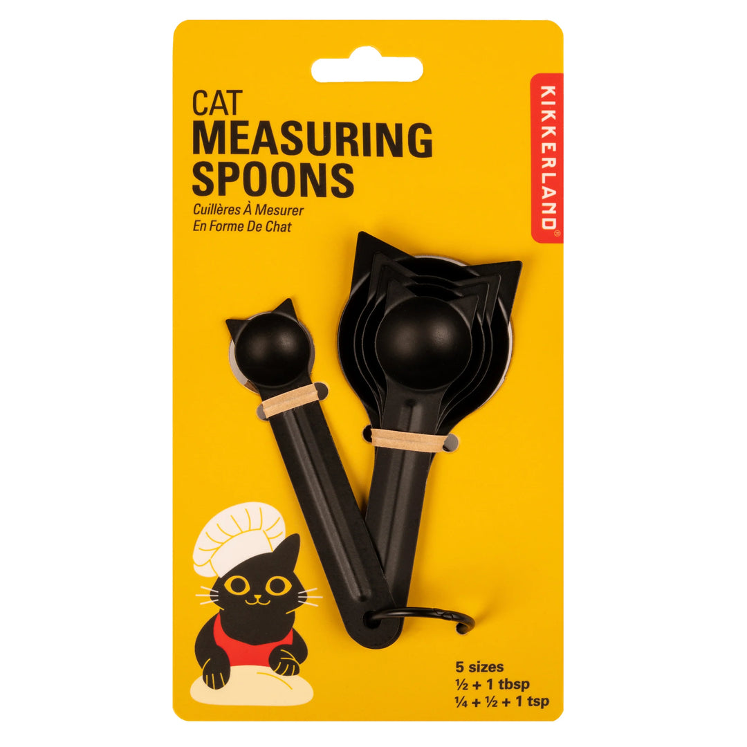 Kikkerland Cat Measuring Spoons set in packaging, featuring colorful cat-shaped spoons for accurate cooking and baking measurements.