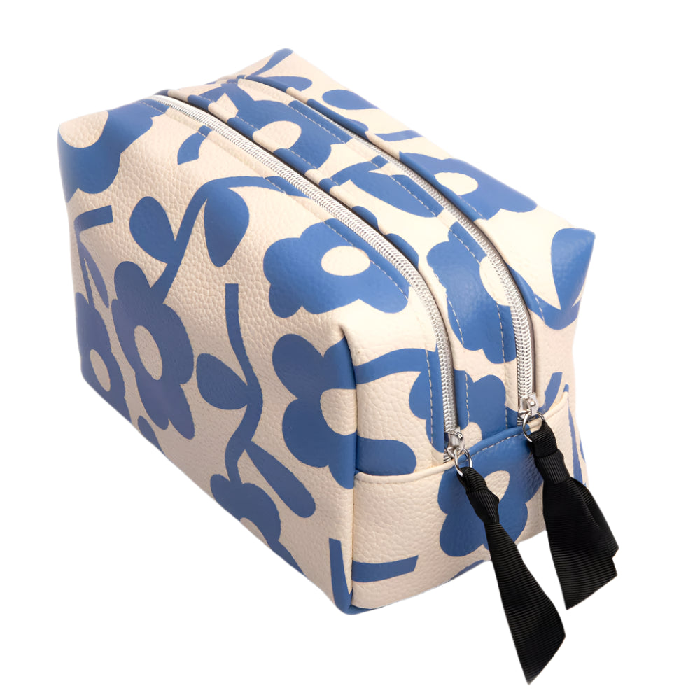 Blue mono flower large cube washbag by Caroline Gardner, featuring a floral pattern, ideal for travel and storage.