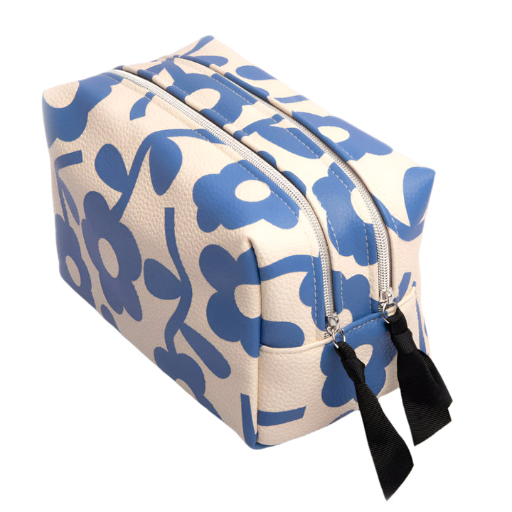 Blue mono flower large cube washbag by Caroline Gardner, featuring a floral pattern, ideal for travel and storage.