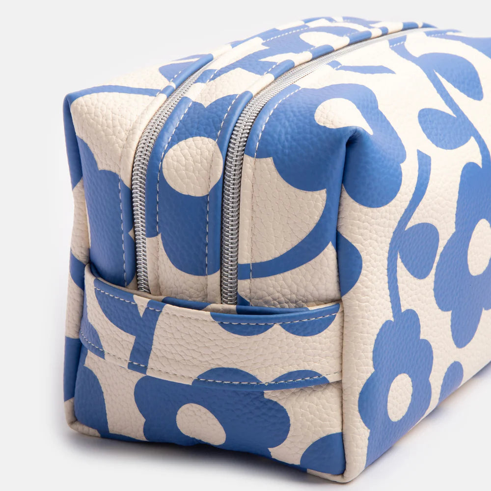 Caroline Gardner large cube washbag with blue mono flower pattern, perfect for travel and gift use, by Cornucopia Home and Gift.