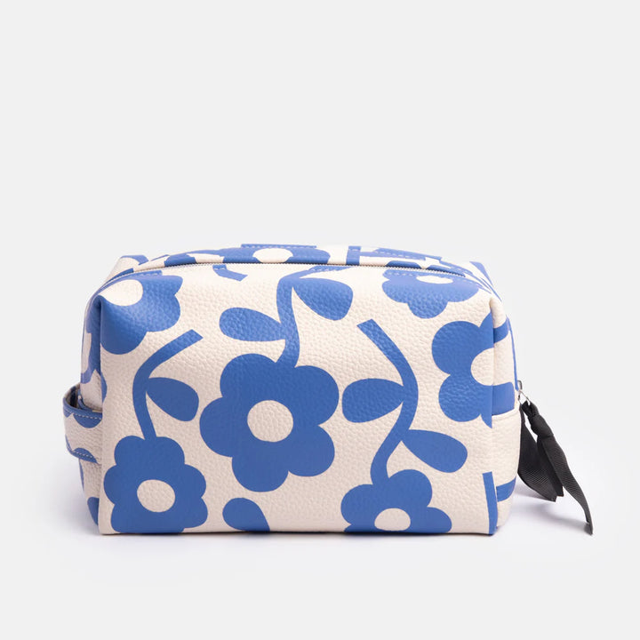 Caroline Gardner blue mono flower large cube washbag with floral pattern for travel and organization.