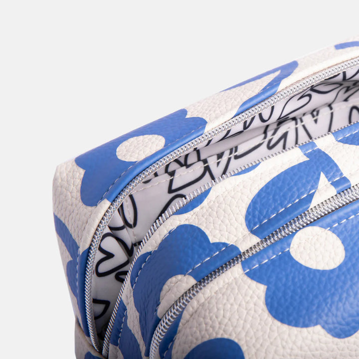 Caroline Gardner Blue Mono Flower large cube washbag with floral pattern, ideal for travel and gift purposes.