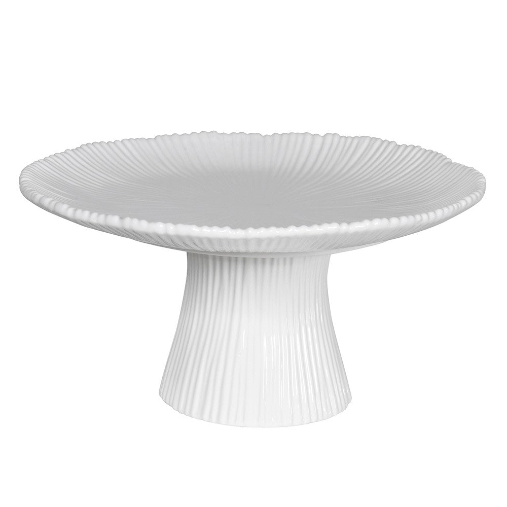 White ceramic cake stand by Coach House from Cornucopia Home and Gift, featuring a decorative pedestal design.