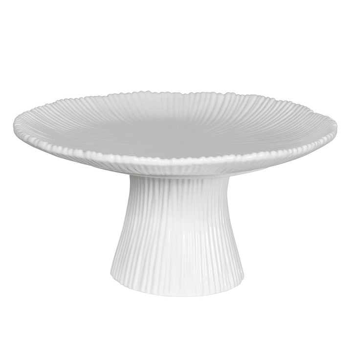 White ceramic cake stand by Coach House from Cornucopia Home and Gift, featuring a decorative pedestal design.