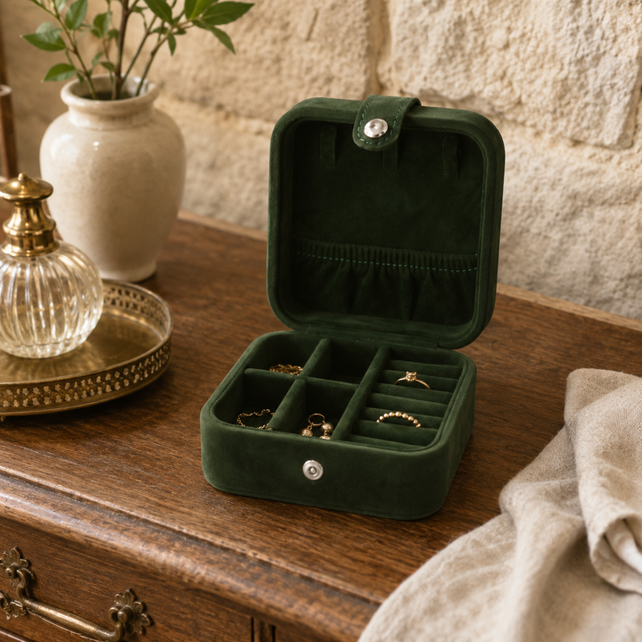 Green Velvet Square Jewellery Box