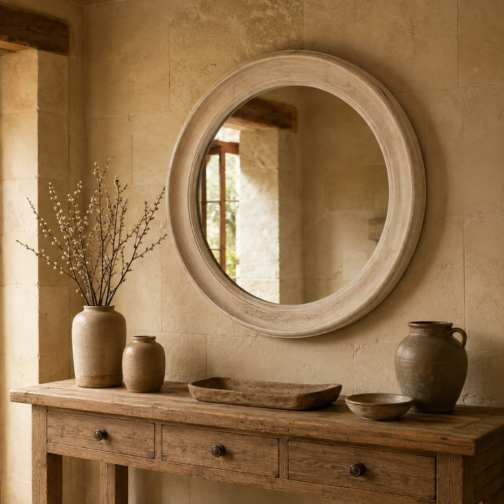 Washed Wood Round Mirror