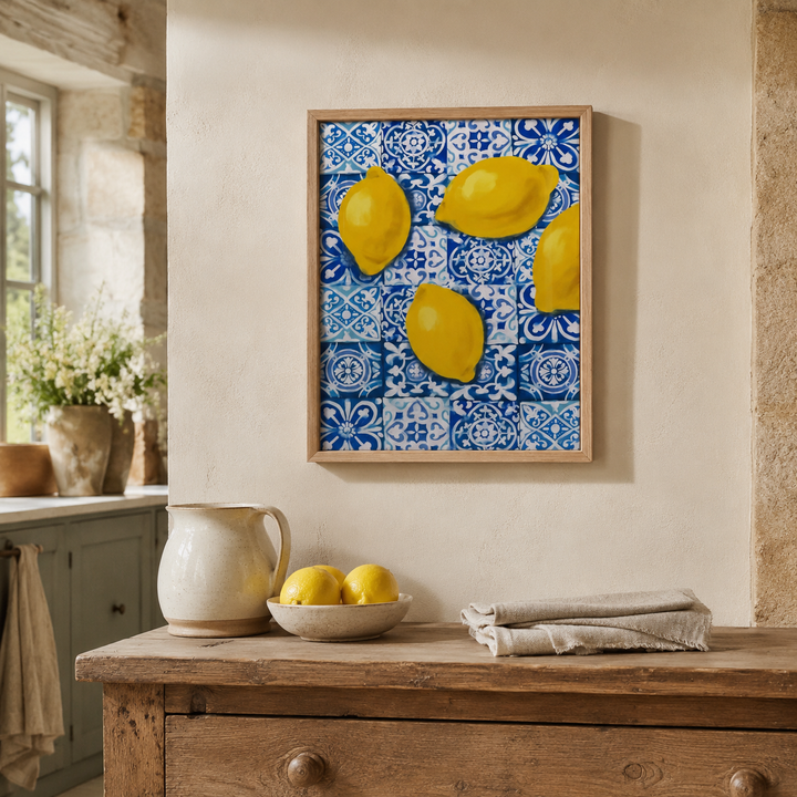 Large Lemon Tiles Artwork in Natural Frame